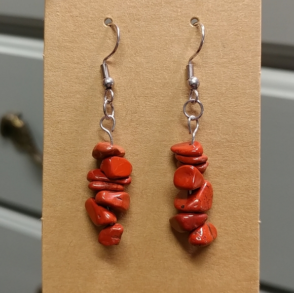 Red Jasper Earrings Natural Gemstone Chip Beaded Surgical Stainless-Steel Dangle - Picture 4 of 12